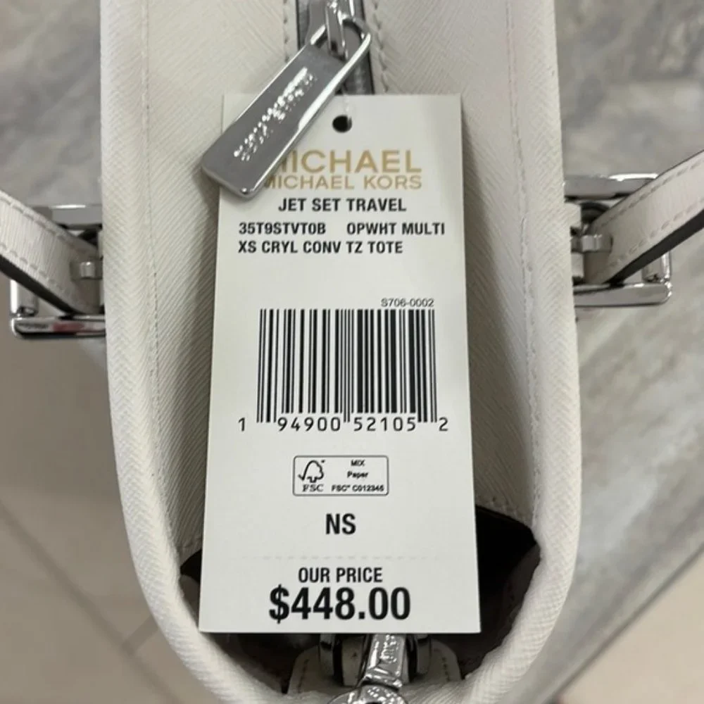 Michael Kors Jet Set Travel Extra-Small Logo Top-Zip Tote Bag Optic White Multi - Picture 11 of 16